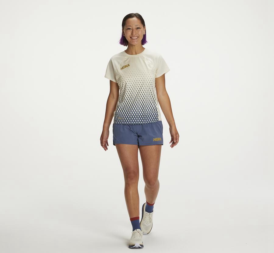 Hoka One One Tops Womens Blue/White - Performance Short Sleeve - 93648NZTJ